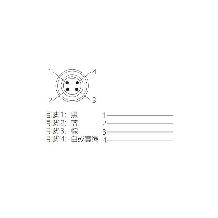 7/8”4Pin、公头90°、单端预铸PUR柔性电缆、黑色护套、0PI145-XXX