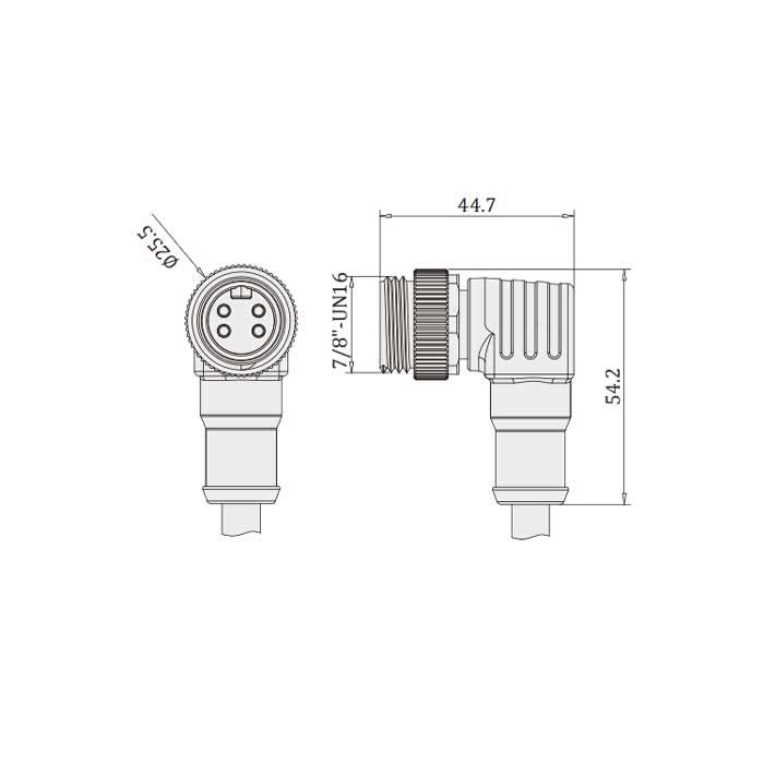 7/8”4Pin、公头90°、单端预铸PUR柔性电缆、黑色护套、0PI145-XXX