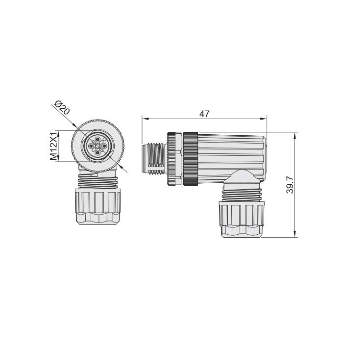 M12 4 Pin、male 90°、Screw connection、64F181