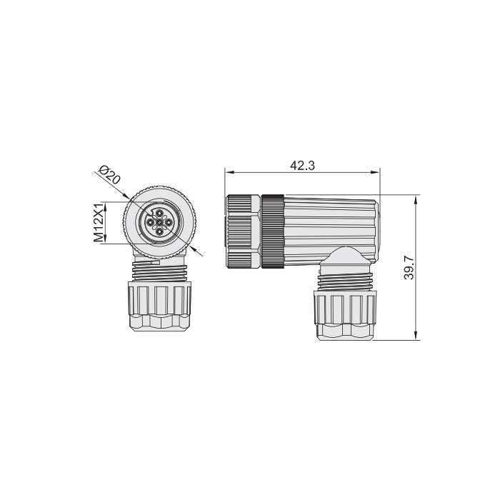 M12 5Pin、母头90°、螺钉连接、64F261