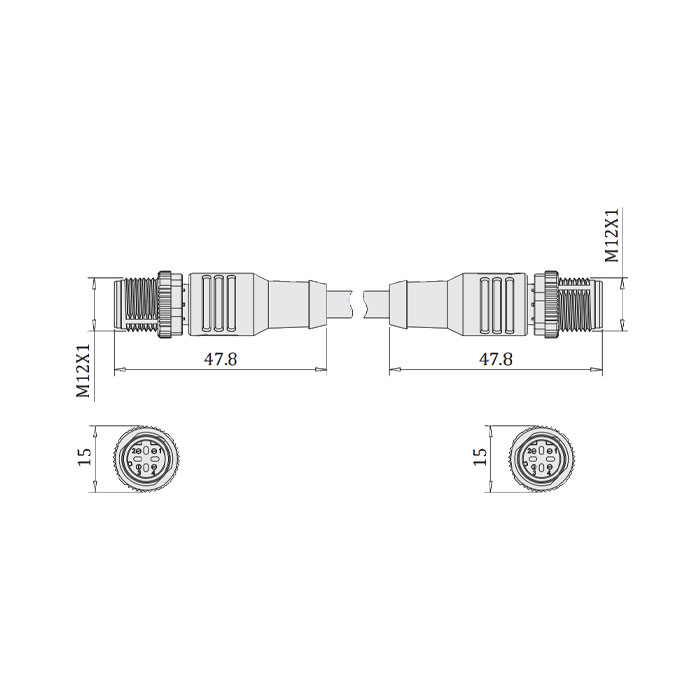 M12 4Pin D-coded, male straight to male straight, double-ended pre-cast PVC non-flexible cable, black sheath, 64DD37-XXX