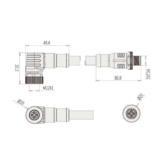 M12 4Pin S-coded, 90° female to male straight, double-ended pre-cast PVC non-flexible cable, yellow sheath, 64SD43-XXX