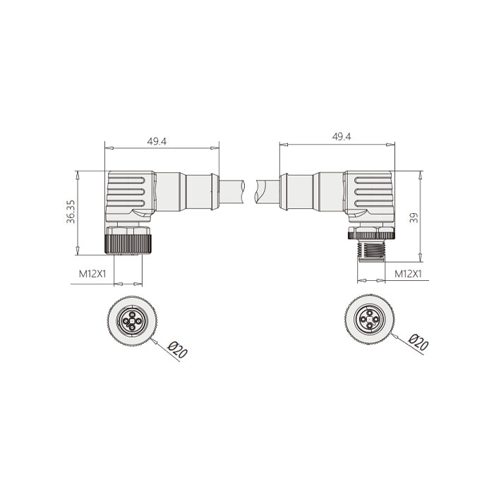 M12 4Pin T-coded, female connector 90° to male connector 90°, double-ended pre-cast PVC non-flexible cable, gray sheath, 64TD61-XXX