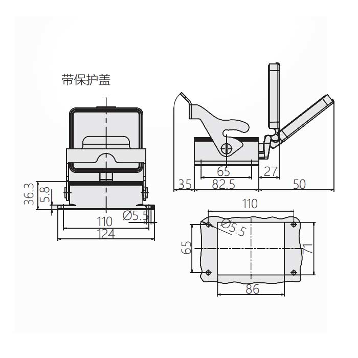 下壳 单扣开孔安装带盖、H32B-AD-LB、09300320304