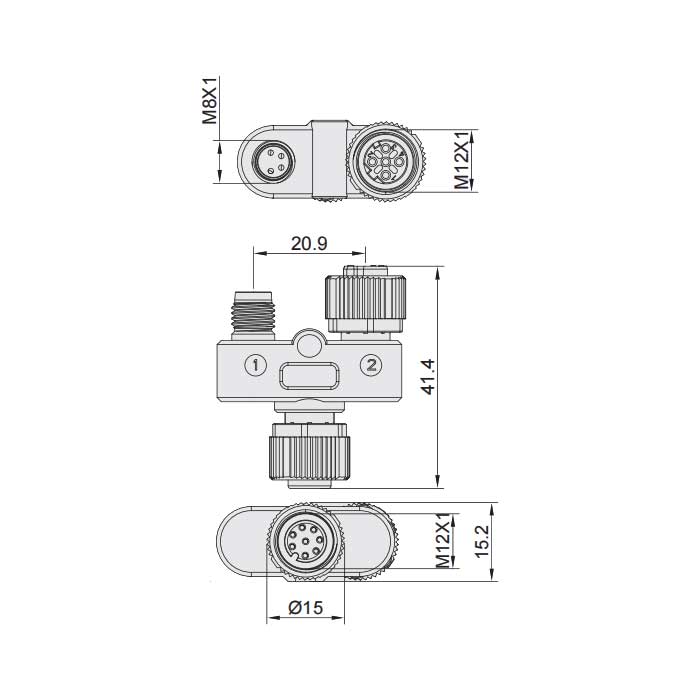 M12 8Pin母头 转 M12 4Pin母头D-coded+M8 2Pin公头、三通接头、648D41