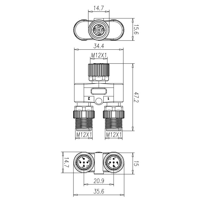 M12 5Pin母头 转 M12 3Pin公头+M12 2Pin公头、Y型连接器、645231